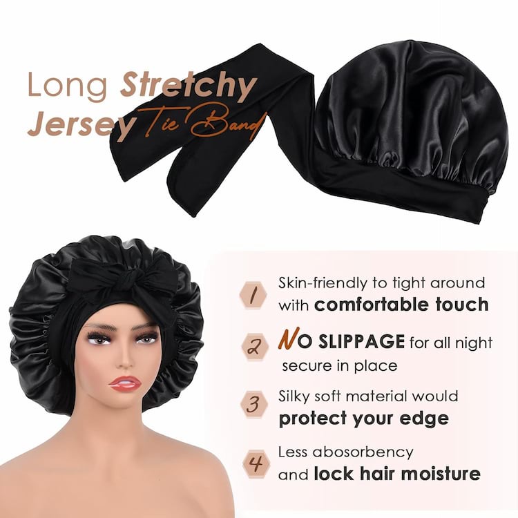 The Alams No-Slip Satin Hair Bonnet, Large Black 3 The Alams No-Slip Satin Hair Bonnet, Large Black - Image 3